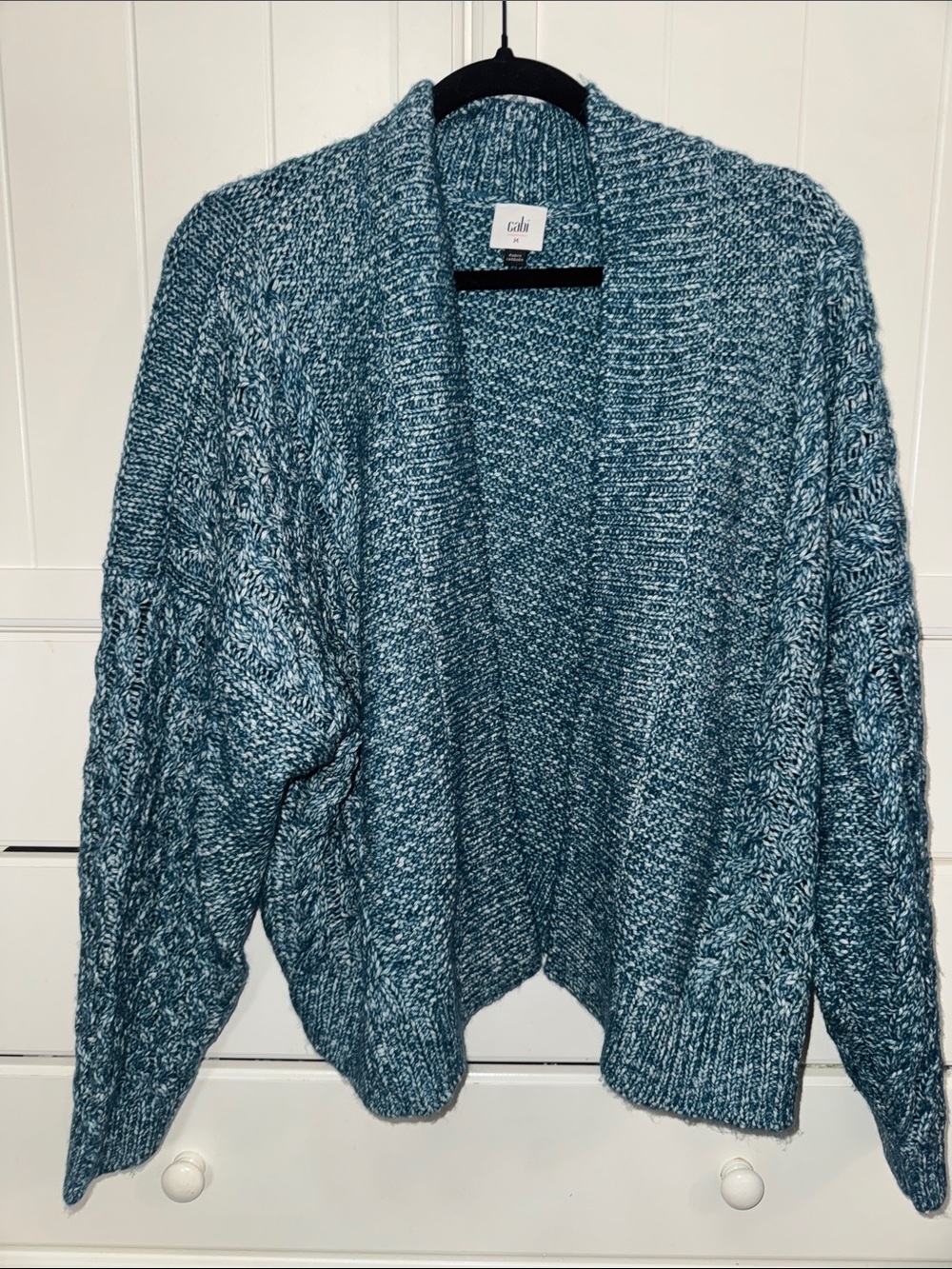 CAbi Teal Marled Open Cardigan with Cable Sleeves